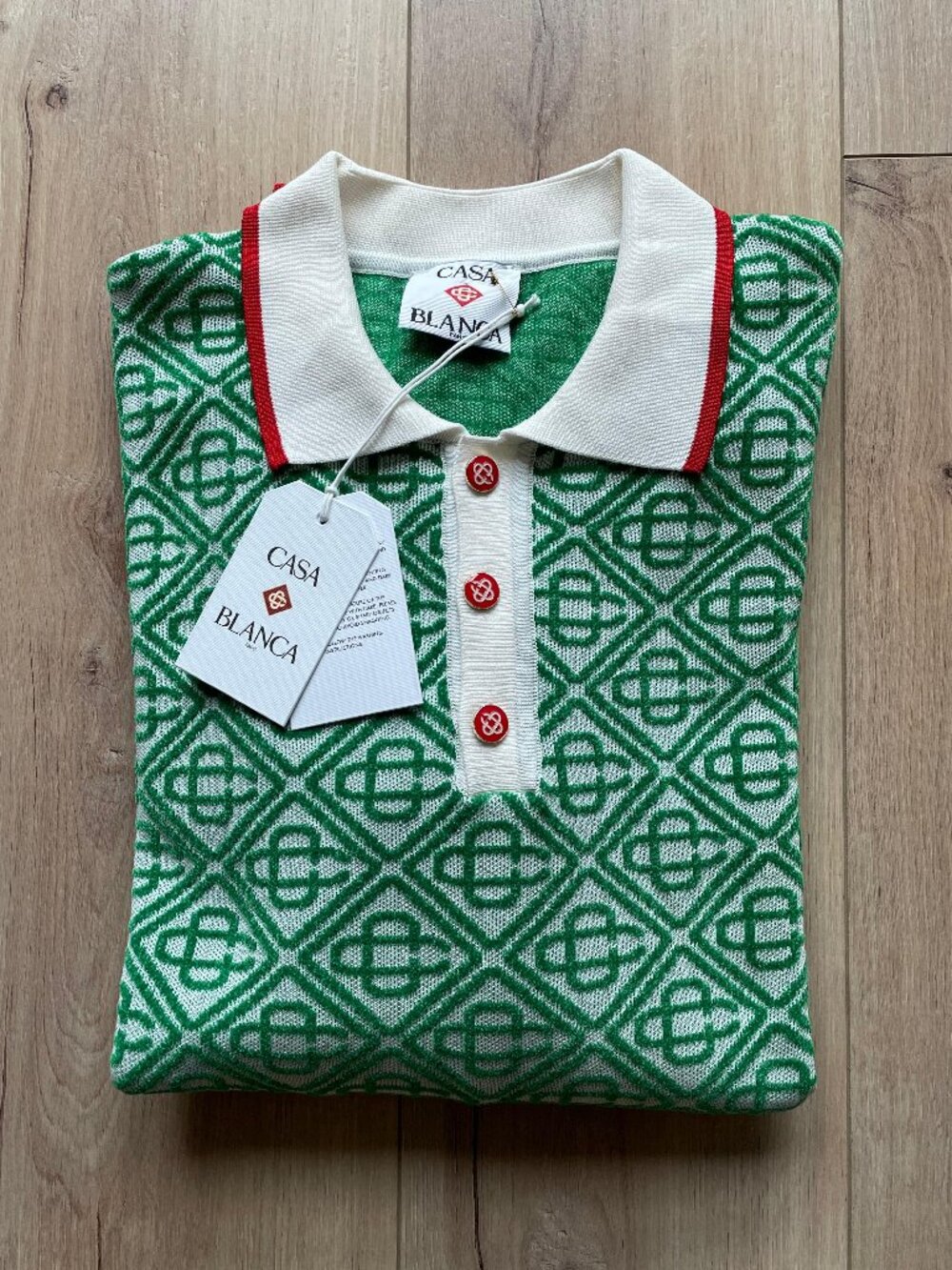 Casablanca Monogram Jacquard Knit Polo Sweater Green White Long Sleeve Men's L